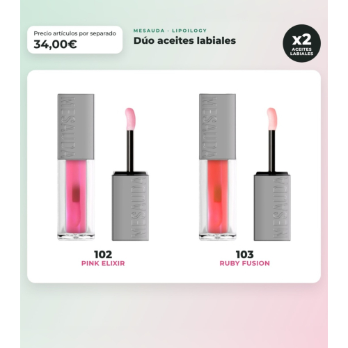 Mesauda - Pack duo olio labiale Lipoilogy - 102: Pink Elixir + 103: Ruby Fusion