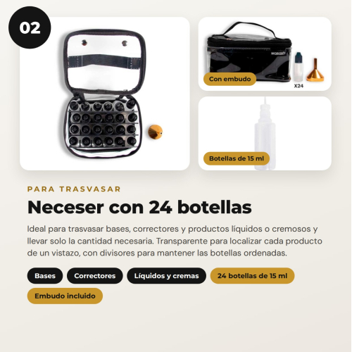 MQBeauty - Pacchetto Makeup Artist con Grembiule, Necessaire Trasparente da 24 Bottiglie e Borsa per Pennelli per Truccatori Professionisti e Studenti
