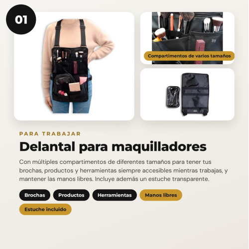 MQBeauty - Pacchetto Makeup Artist con Grembiule, Necessaire Trasparente da 24 Bottiglie e Borsa per Pennelli per Truccatori Professionisti e Studenti