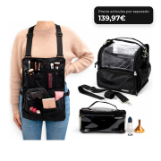 MQBeauty - Pacchetto Makeup Artist con Grembiule, Necessaire Trasparente da 24 Bottiglie e Borsa per Pennelli per Truccatori Professionisti e Studenti
