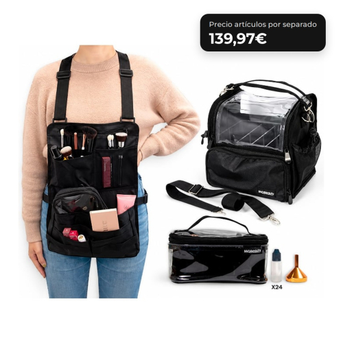 MQBeauty - Pacchetto Makeup Artist con Grembiule, Necessaire Trasparente da 24 Bottiglie e Borsa per Pennelli per Truccatori Professionisti e Studenti