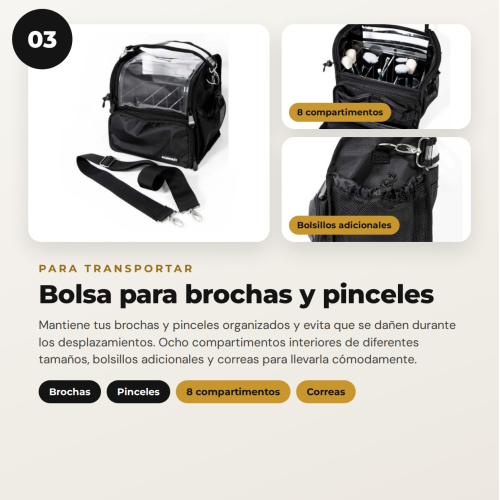 MQBeauty - Pacchetto Makeup Artist con Grembiule, Necessaire Trasparente da 24 Bottiglie e Borsa per Pennelli per Truccatori Professionisti e Studenti