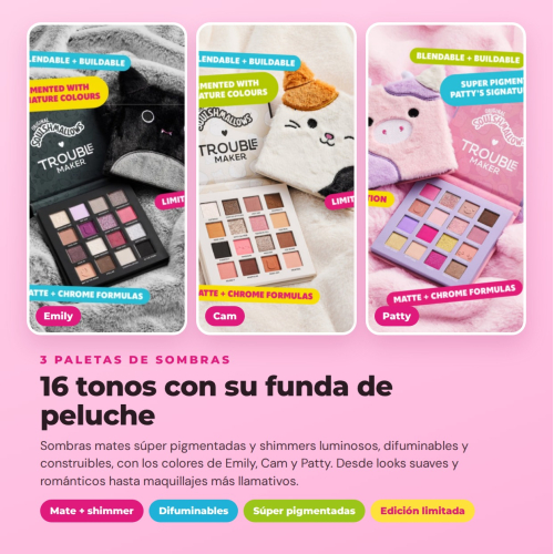 Trouble Maker x Squishmallows - Collezione Completa Edizione Limitata - 14 Prodotti: 3 Palette di Ombre + Mascara + 3 Oli per Labbra + 3 Lucidalabbra + 4 Spray Facciali