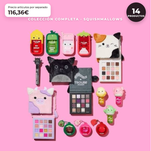 Trouble Maker x Squishmallows - Collezione Completa Edizione Limitata - 14 Prodotti: 3 Palette di Ombre + Mascara + 3 Oli per Labbra + 3 Lucidalabbra + 4 Spray Facciali